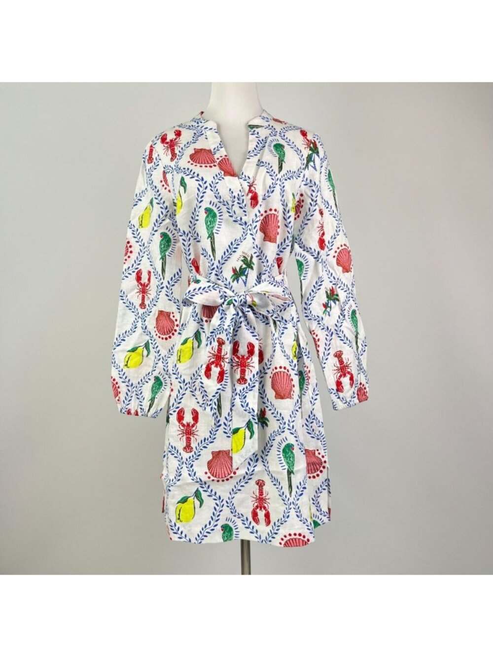 NWOT Boden Cleo Linen Tie Waist Dress Multicolor V-Neck Size 8 - Picture 2 of 14